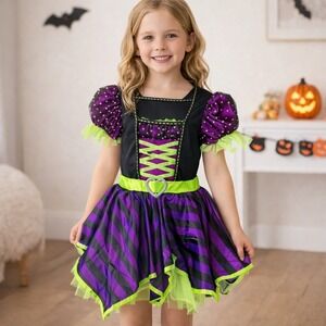 Witch Costume Halloween Dress Girls Size S (6/6X) Purple Black Green Heart Belt‎